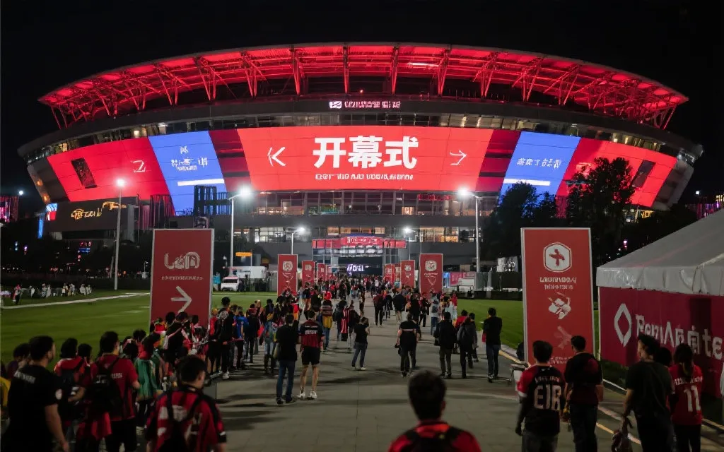 世界杯开幕城市夜间球迷步行区与指引牌，秩序化人流与城市灯光氛围